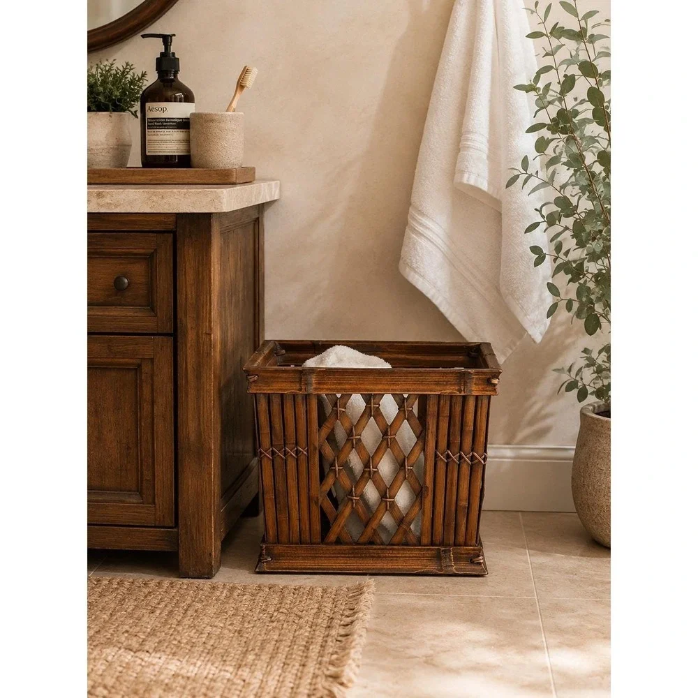 Vintage Bamboo Lattice Storage Crate Dark Brown Woven Basket Handles 15x9x12
